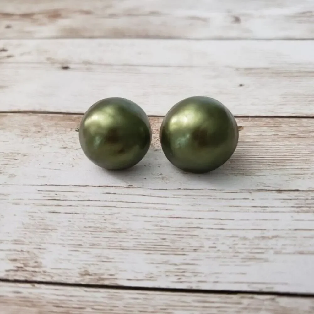 Vintage Richelieu Clip On Earrings - Uneven Domed Circle Metallic Green